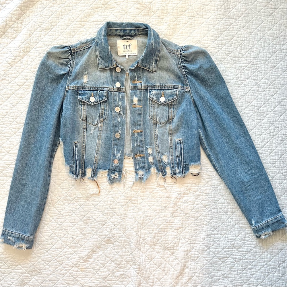 Zara TRF Collection Distressed Denim Jean Jacket Womens Size L Puff Sleeves